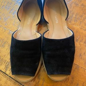 Black suede peep toe flats
